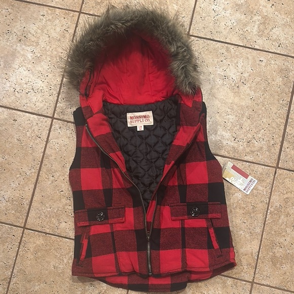 Buffalo Plaid Hooded Vest with Faux Fur Trim - Picture 2 of 3